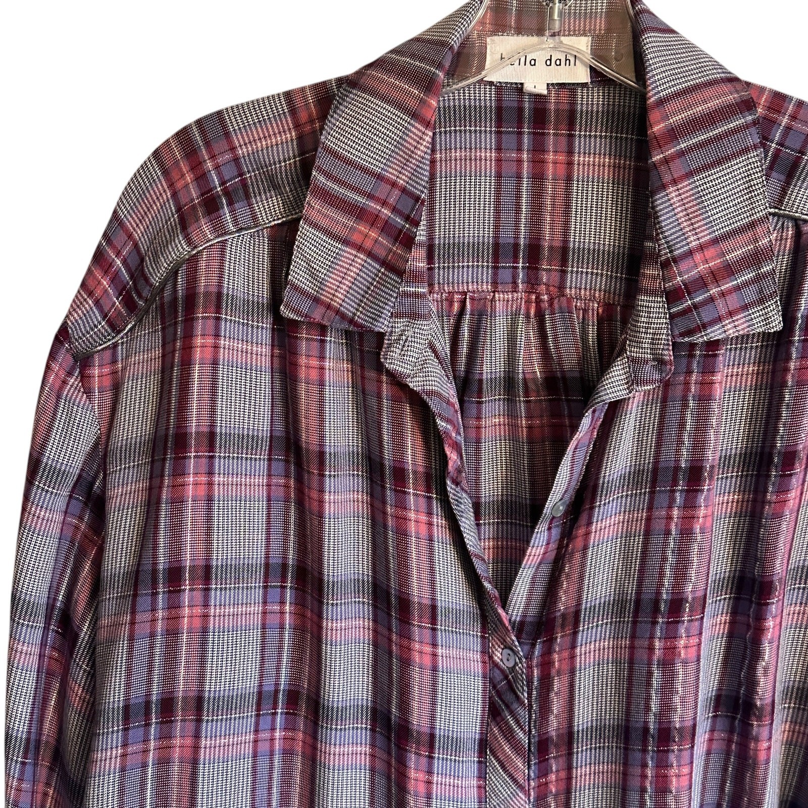 Bella Dahl Trimmed Flowy Top Womens Large Multicolor Plaid Shimmer Preppy Shirt