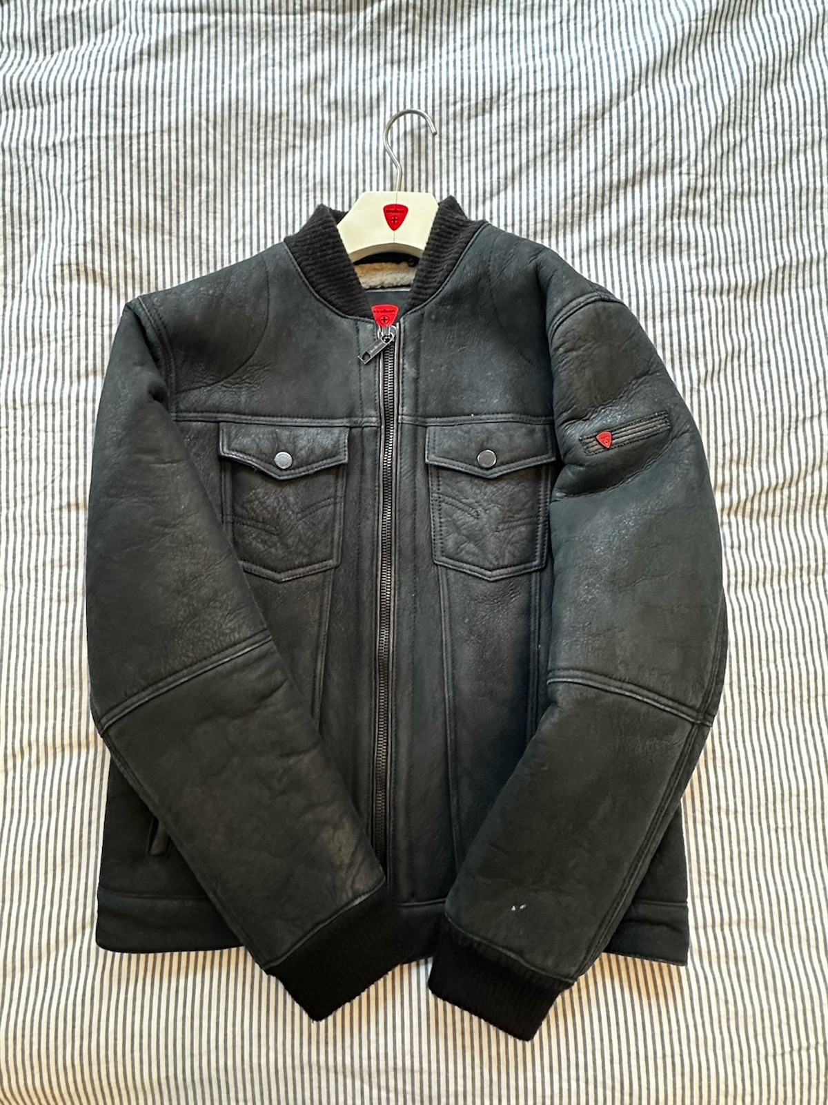 Strellson Premium Black Leather And Shearling Bomber Jacket, Size 52/L