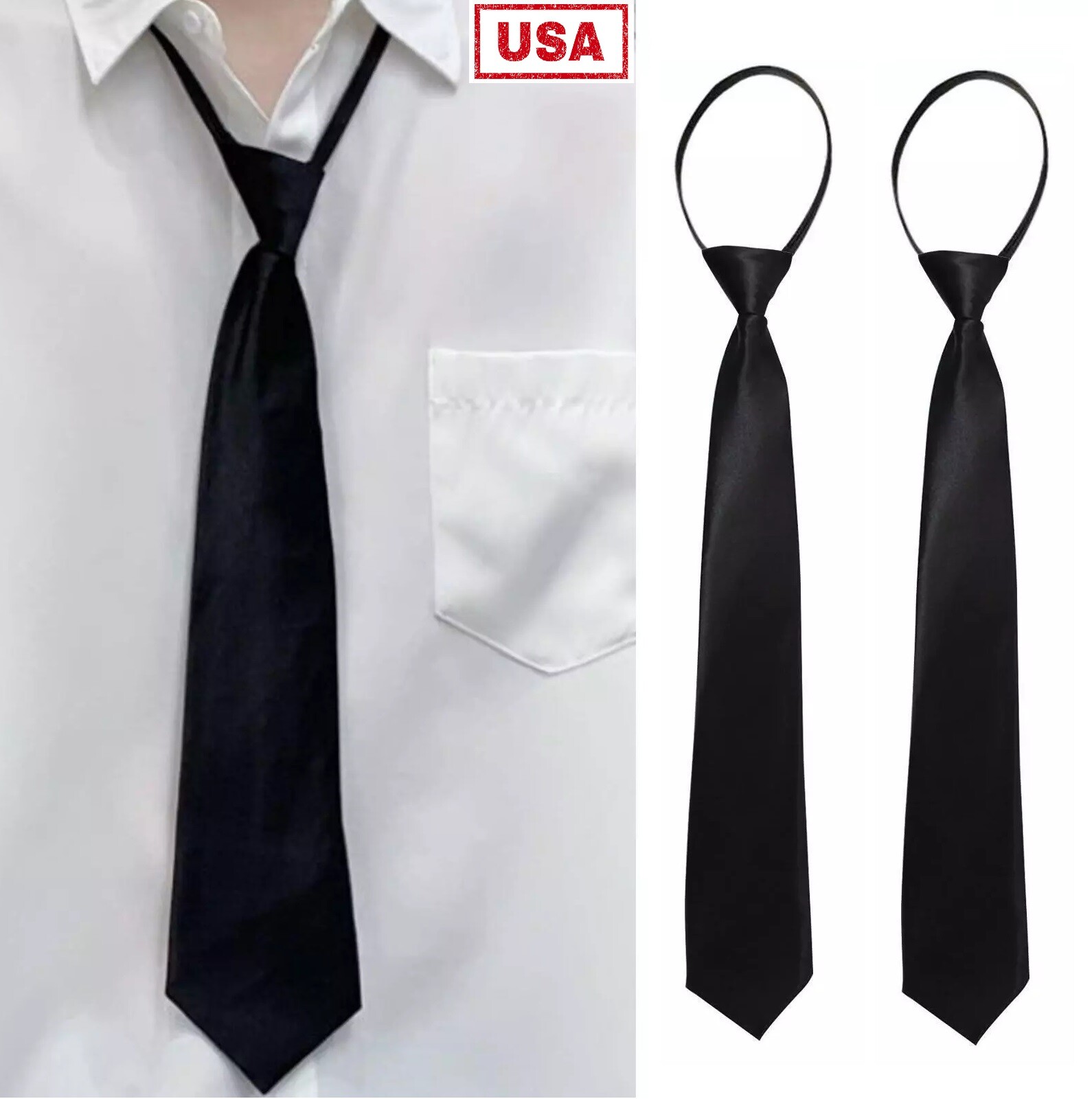 3× Men’s Black PreTied Necktie Men Adjustable Office Zipper Neck Tie Gifts USA