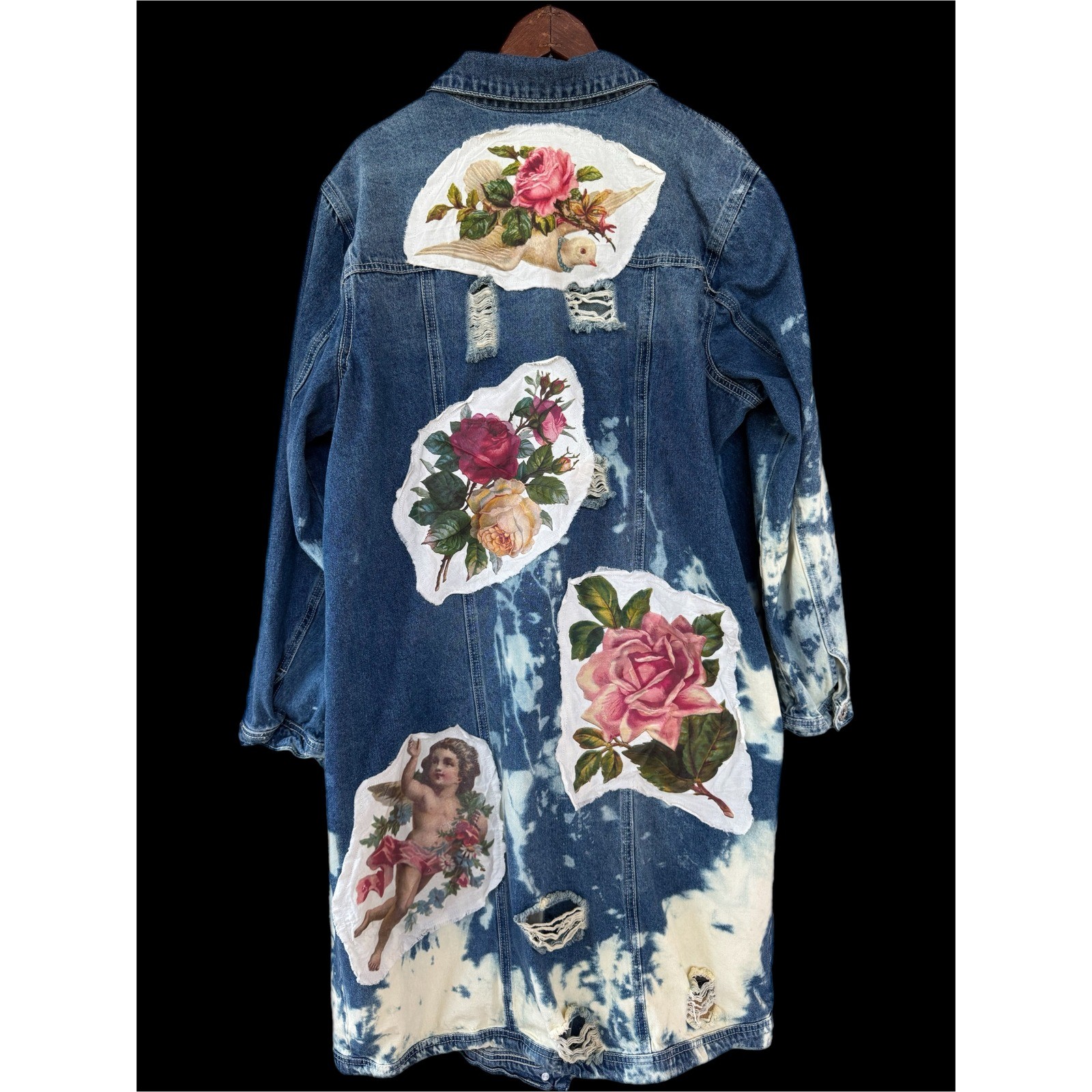 Upcycled Denim Coat Cherub Rose Patch Long Jacket Boho Folk Art XL/XXL