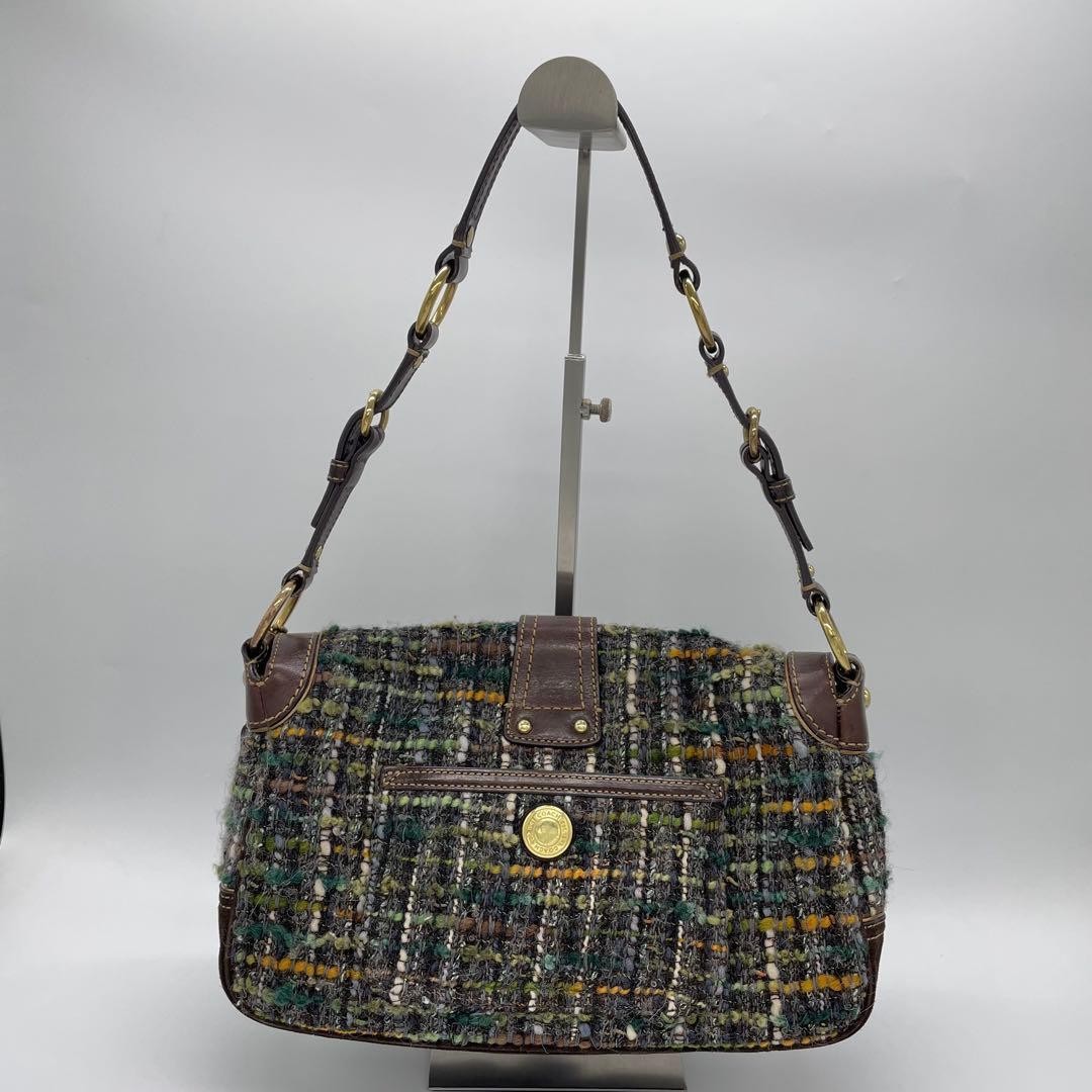 COACH 8F18 Shoulder Bag Handbag Wool Leather Suede Multicolor Brown Green Blue
