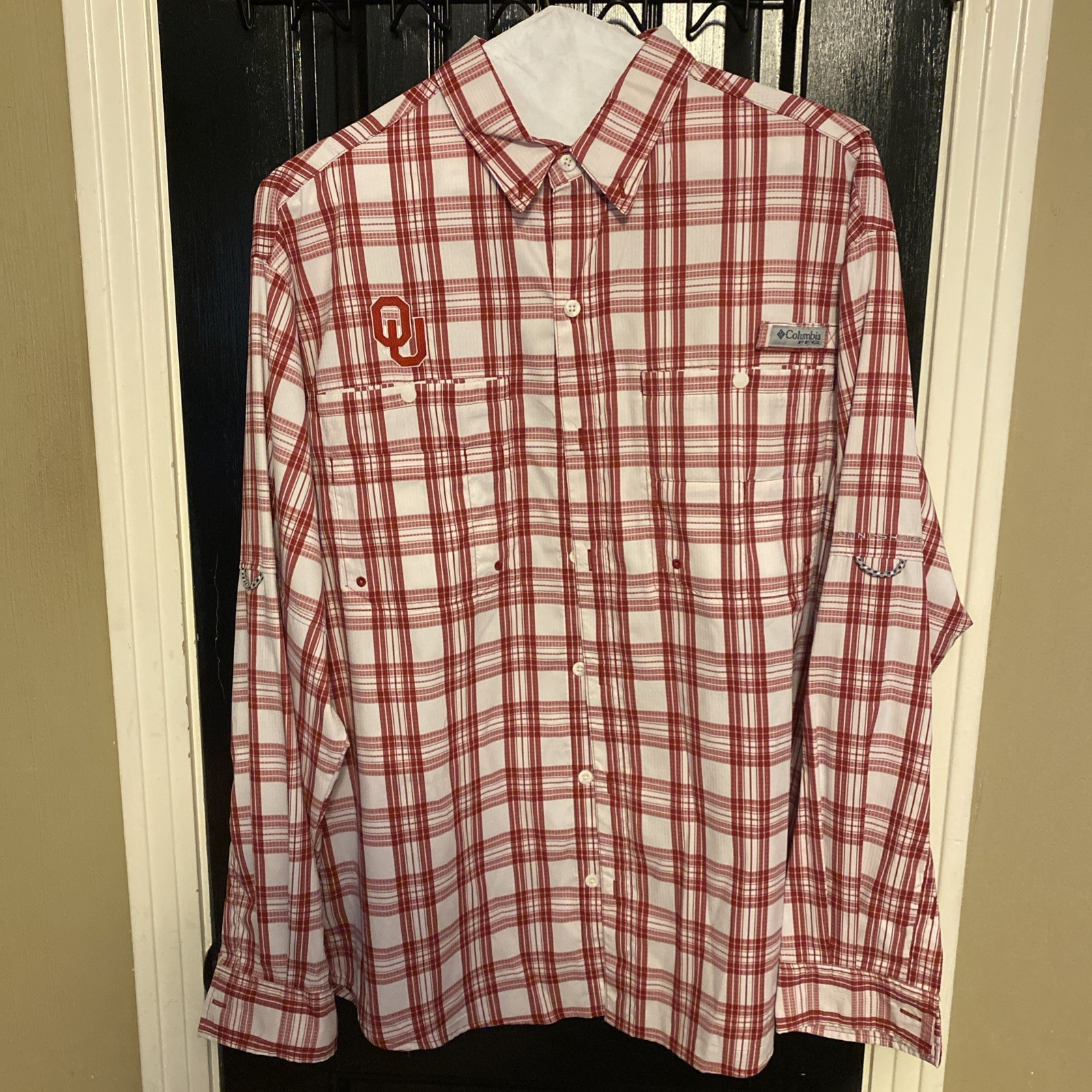 Columbia PFG Oklahoma Sooner Omni-Shade Tamiami Plaid Red & WhiteShirt Sz Large
