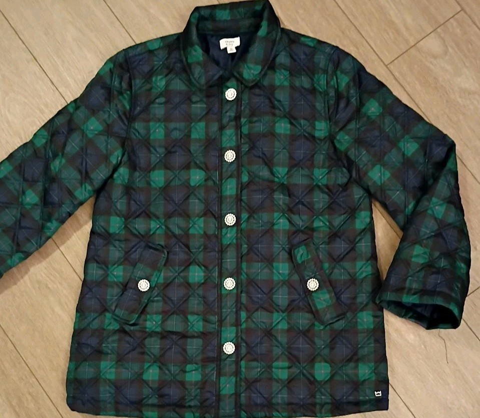 Crown & Ivy Navy Green Plaid Quilted Jacket Bling Rhinestone Button Snaps Sz M