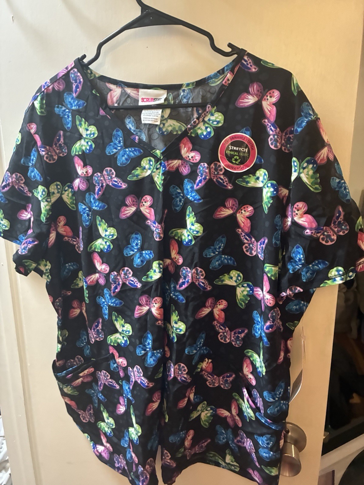 Scrubstar Women’s Medical Scrub Set Black Butterfly Top Pink Pants Size L
