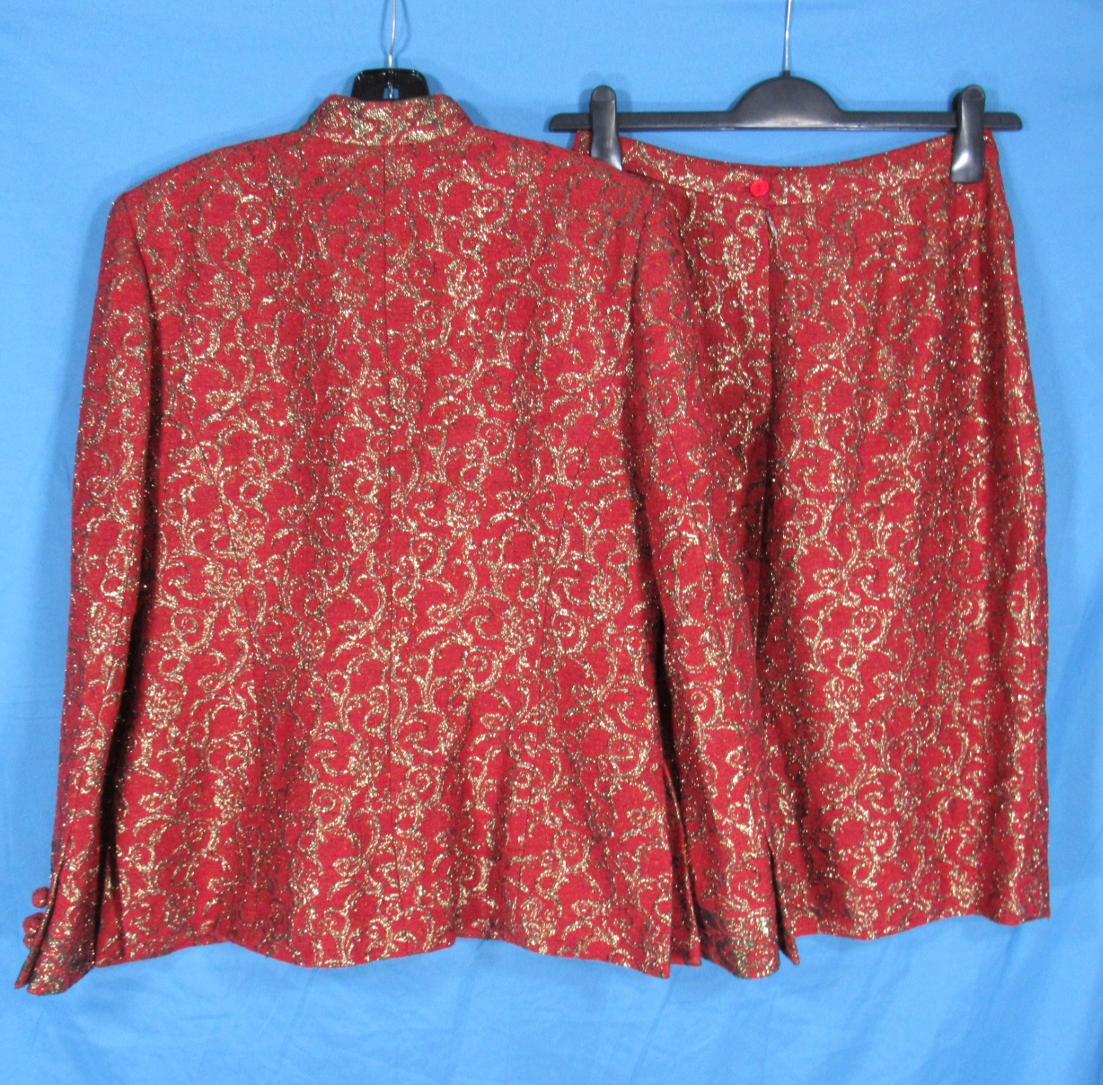VTG GEORGE SIMONTON Dark Red w/GOLD METALLIC Suit JACKET/SKIRT Outfit Set 10