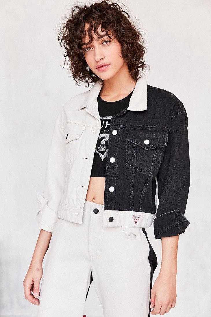 GUESS JEANS Colorblock Black/White Collared Button Pockets Denim Jacket S/P
