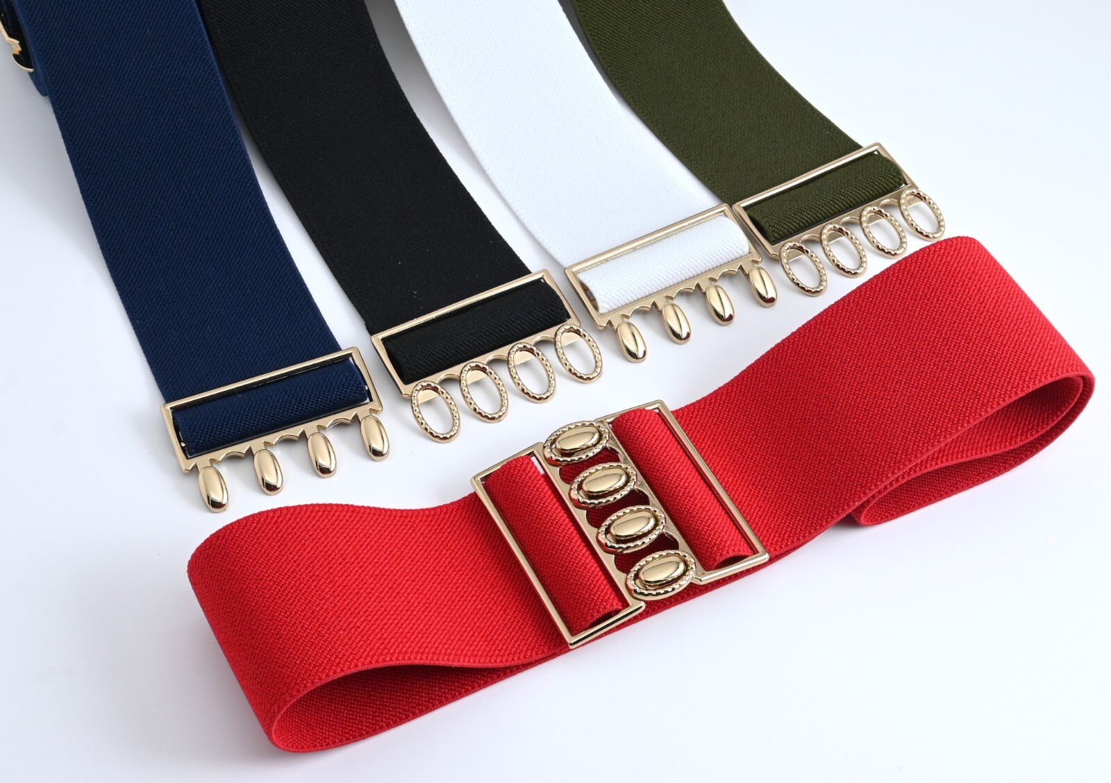 Women Elastic Stretch 2 inch(#51G) belt Gold color Interlock Buckle, 25-43″ USA.