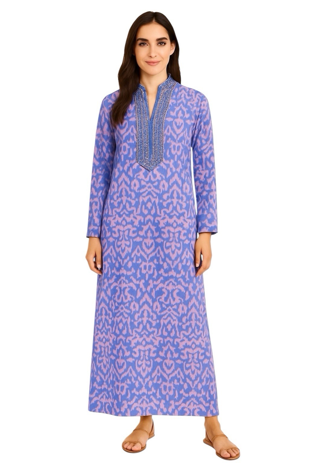 Bella Tu Kaftan Dress Womens Small Beaded Maxi Beachy Resort Boho Indie Cotton