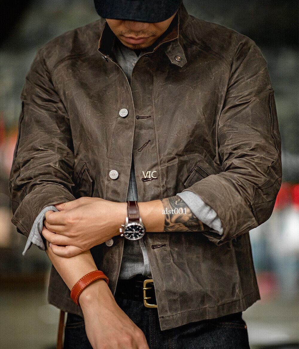 Men’s Motorcycle Jacket Canvas Waxed Heavyweight Work Jacket Coat Casual Top