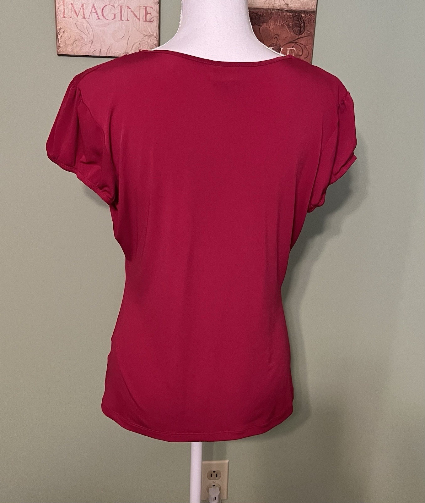 Worthington Cranberry Colored Short Sleeve Top With Embellished Neckline- Size M