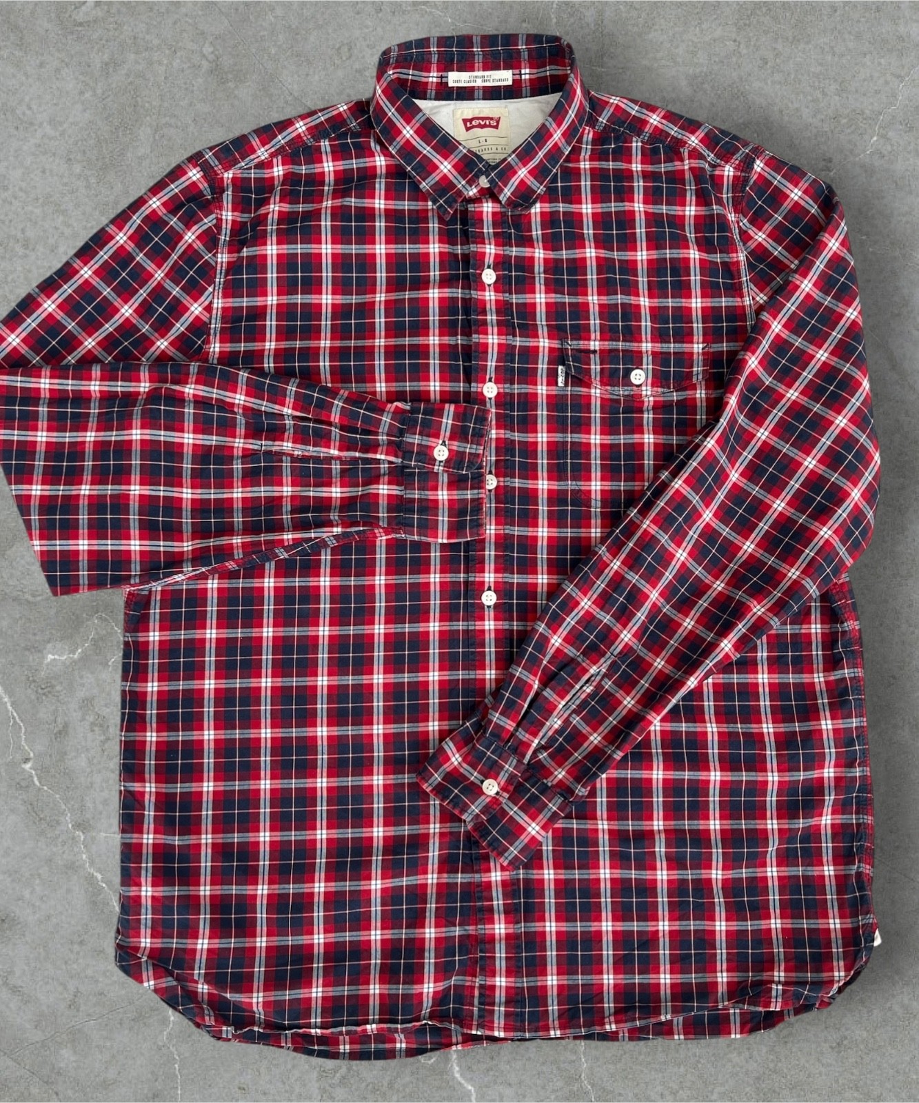 Levi’s Men’s L Red Blue Plaid Button Up Shirt Long Sleeve 100% Cotton