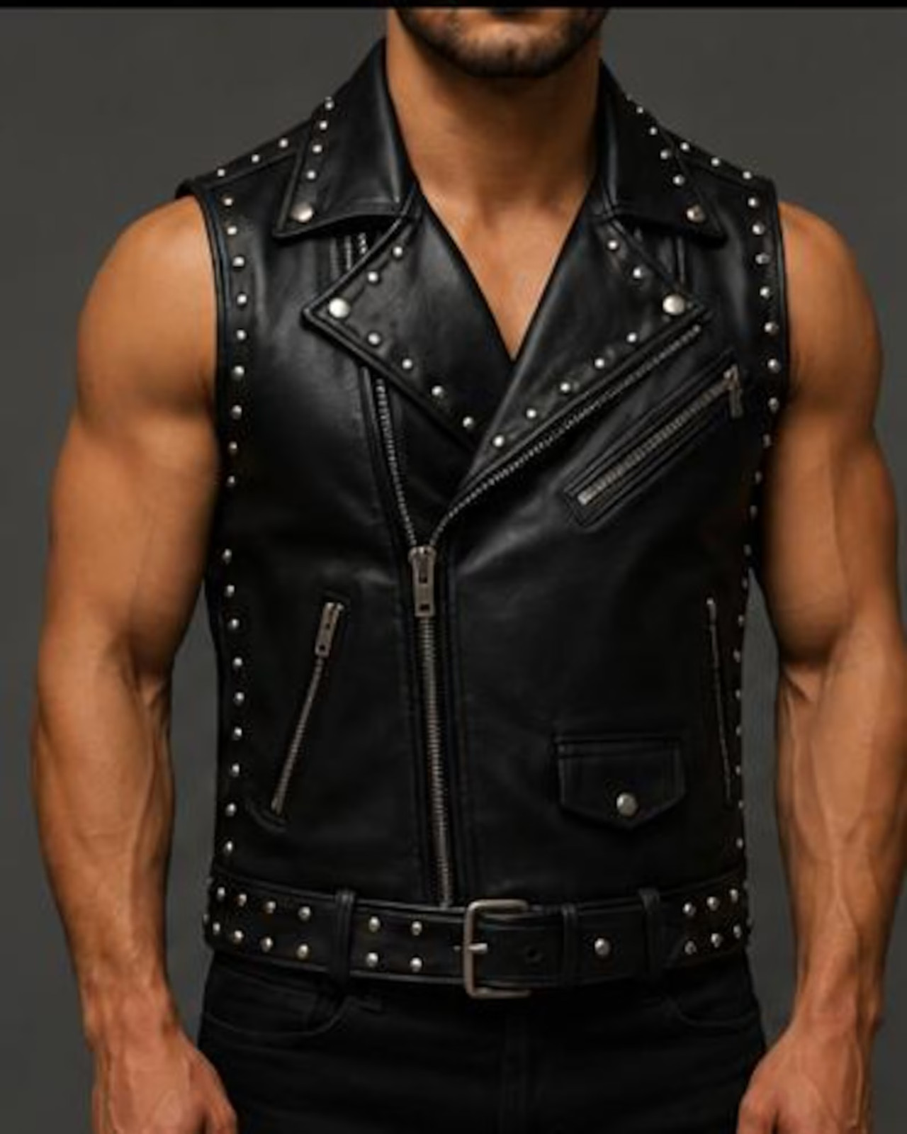 Men’s Black Lambskin Leather Biker Vest – Studded Rocker Waistcoat, Streetwear