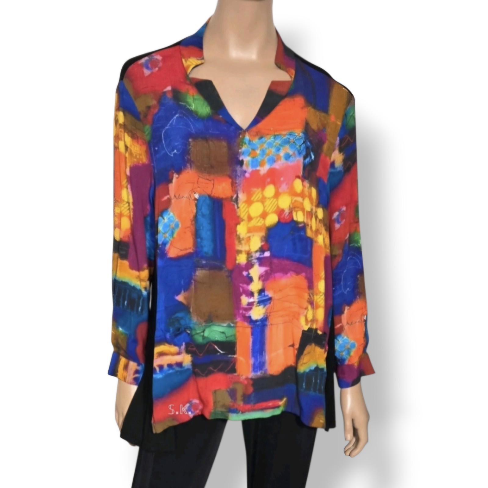 Lemon Grass NY Wearable Art Abstract Vibrant Colorblock V-Neck Tunic Top size XL