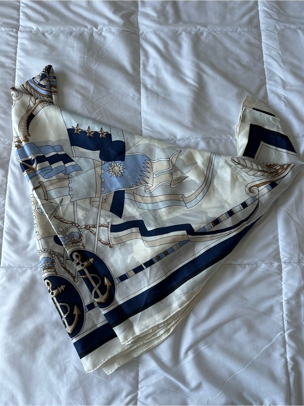 100% Silk Scarf Nautical Chain Print in Navy Light Blue Made in France