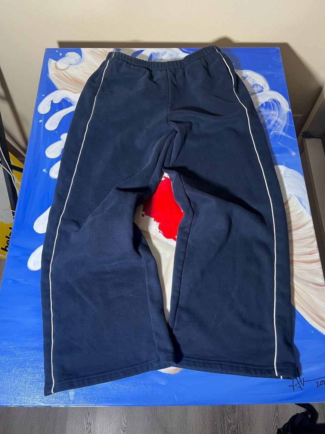 Edikted Navy Blue Wide Leg Sweatpants with White Piping Detail