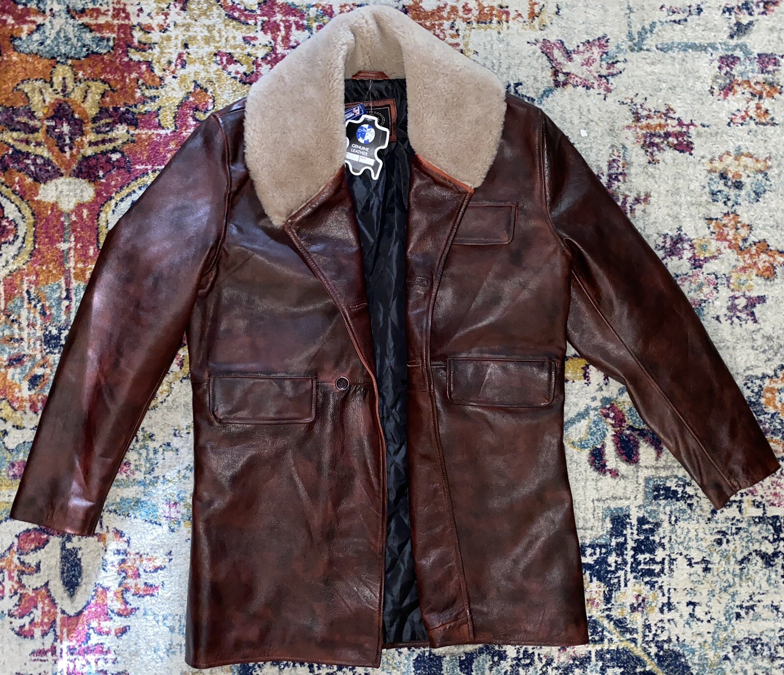 NWT America Suits Deep Red 100% Genuine Leather Trench Fleece Lined Jacket Large