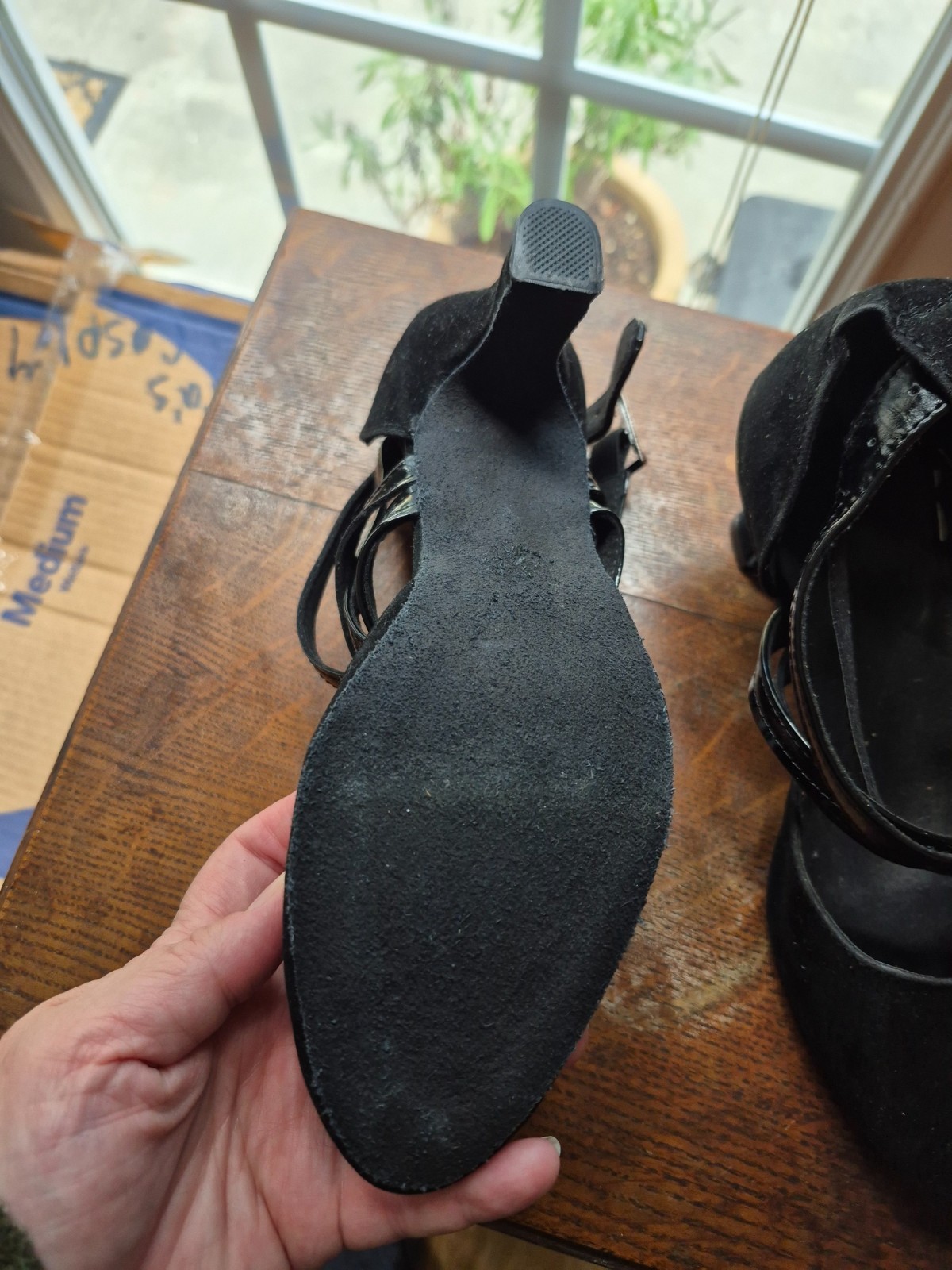 Women’s Ballroom Dance Shoe size 6, Black Suede & Patent Straps – Closed Toe