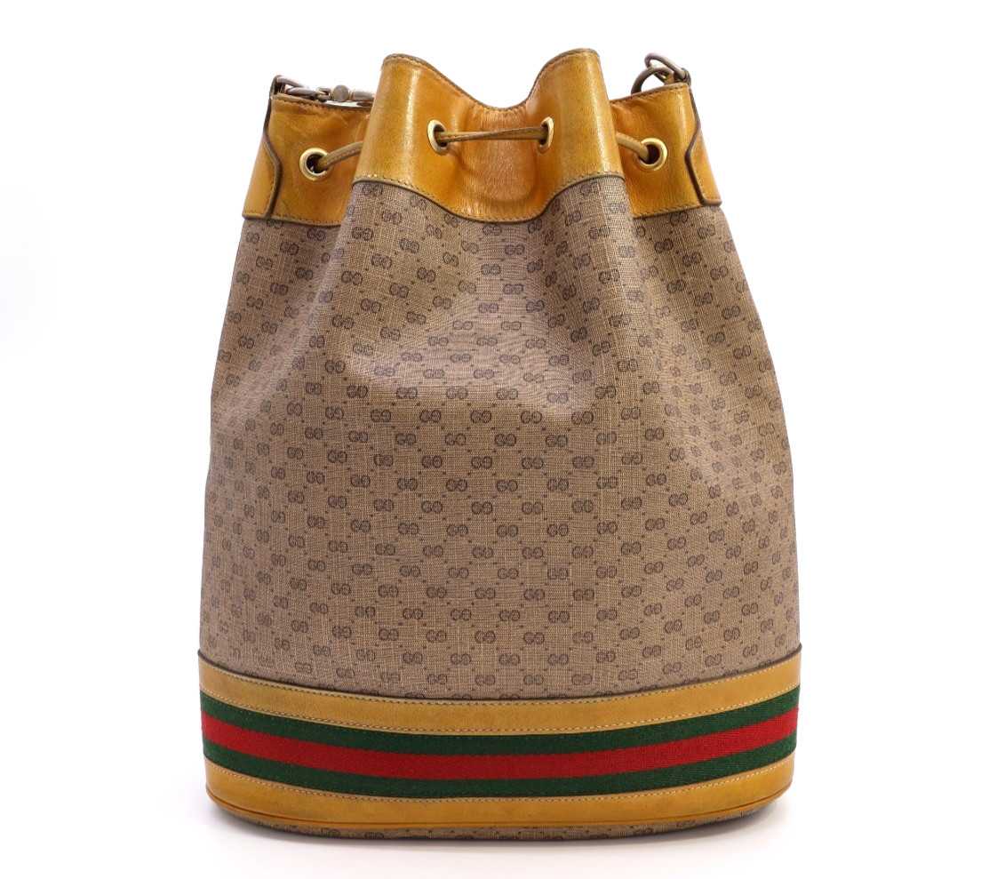 GUCCI VINTAGE Drawstring Shoulder Bag Sherry Micro-GG Camel Classic Authentic