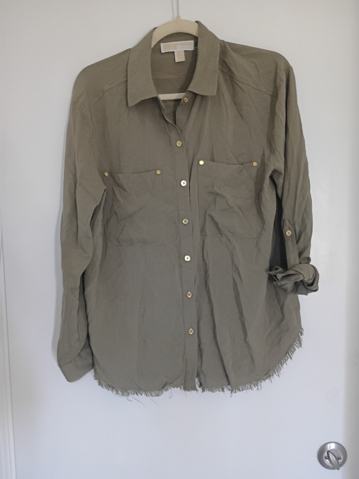 Michael Kors Shirt green w/gold button down Size S fringe hem roll tab slv