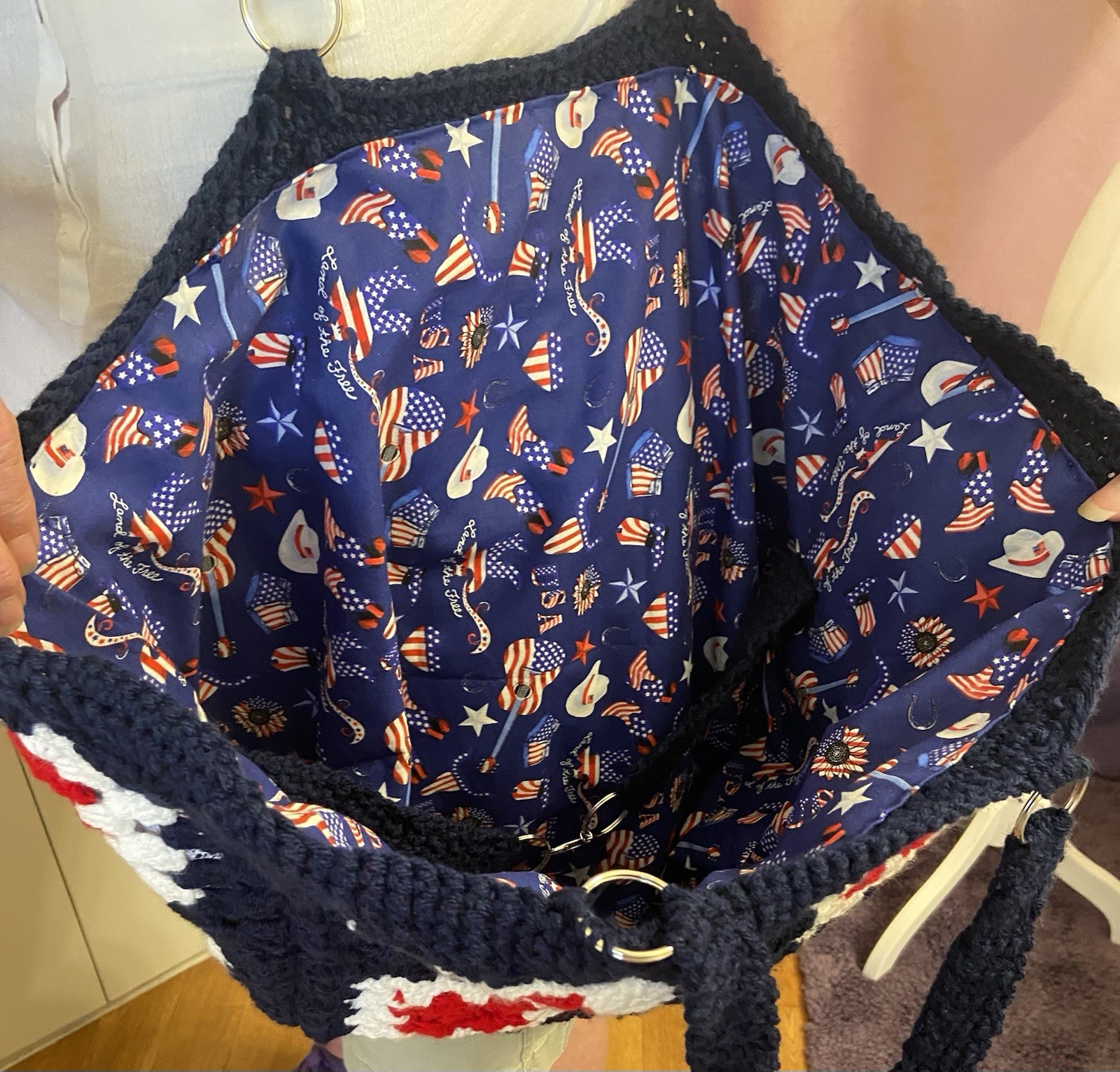 Handmade Crochet Red, White,Blue farmer’s market and all around great lined tote