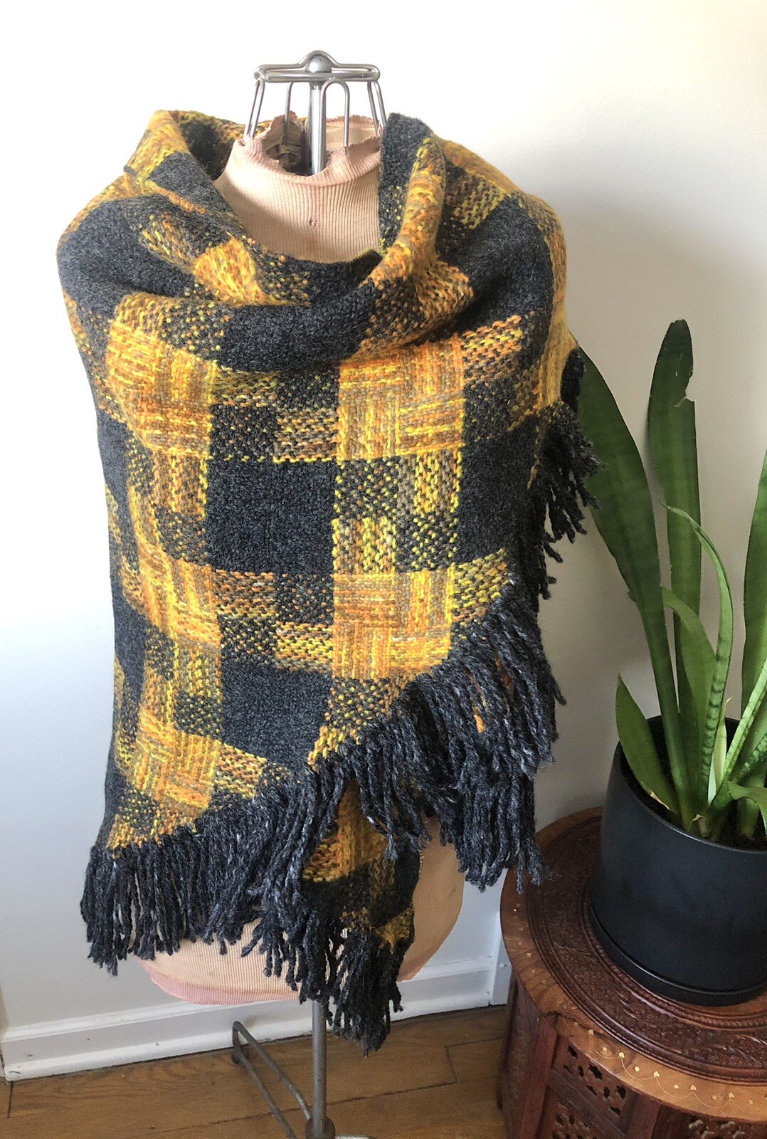 1960’s Charcoal Gray/ Yellow/ Orange Plaid Wool Triangle Shawl