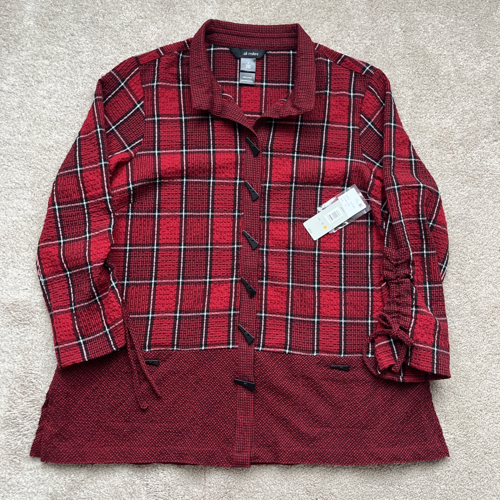 Ali Miles Tunic Top Small Plaid Wire Collar 3/4 Cinched Oversized Red Lagenlook
