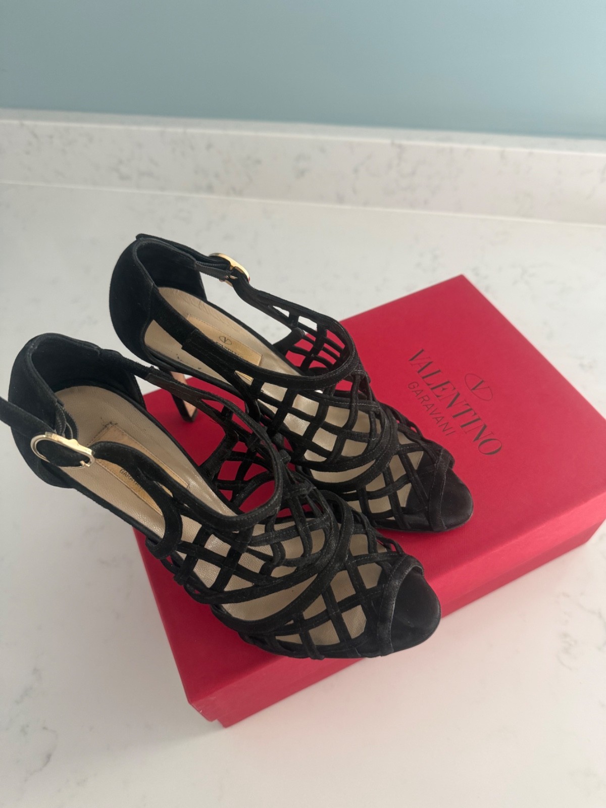 Valentino Garavani Black Suede Caged Lattice Sandals Heels Pump 37.5 Box Luxury