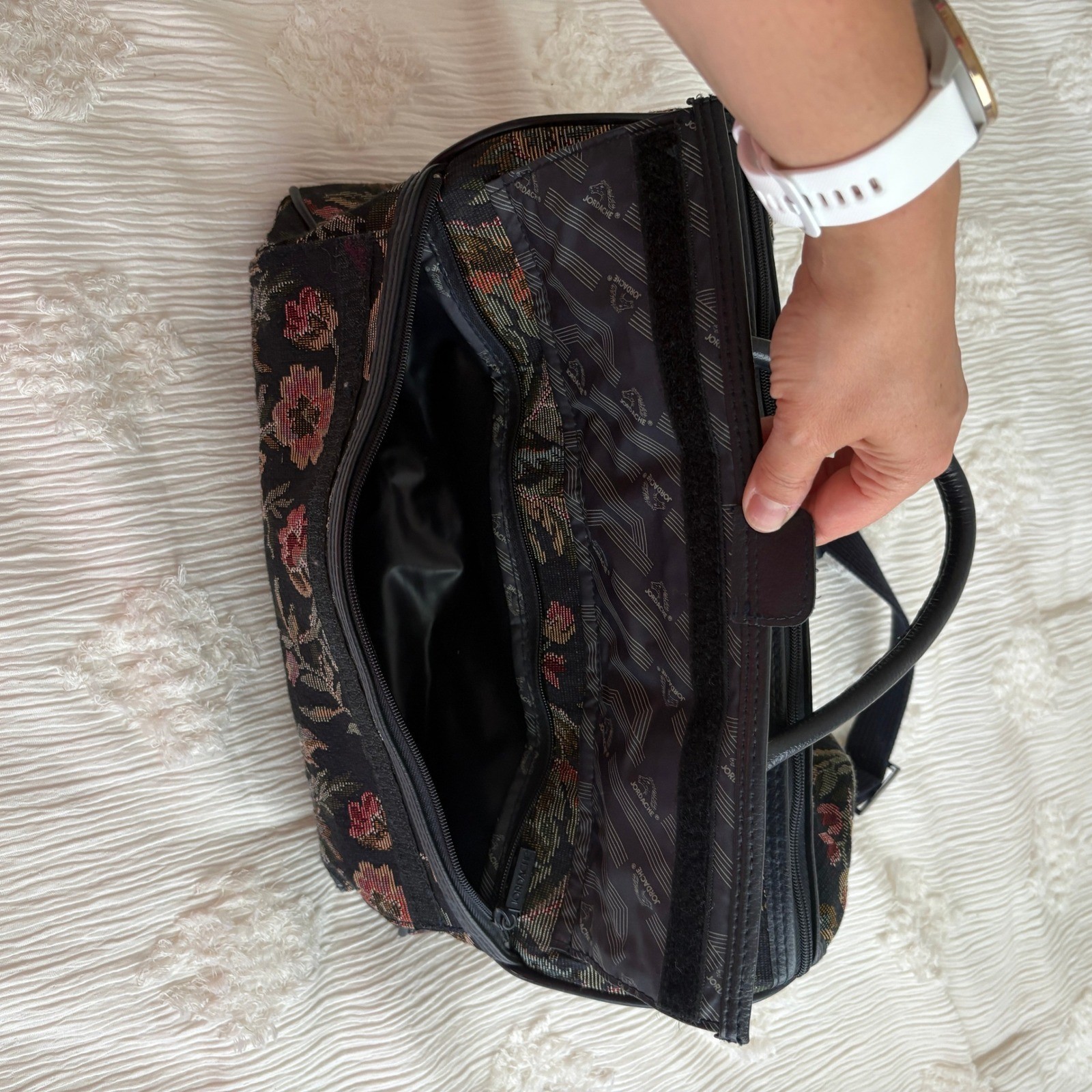 Jordache Floral Tapestry Weekender Bag Black Vtg Multi Travel Duffel Carry On