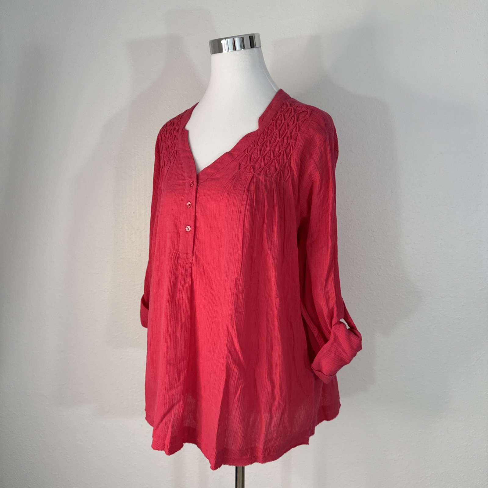 Bandolino Blouse Shirt Top Womans L Paradise Pink Roll Tab Sleeve Career Casual