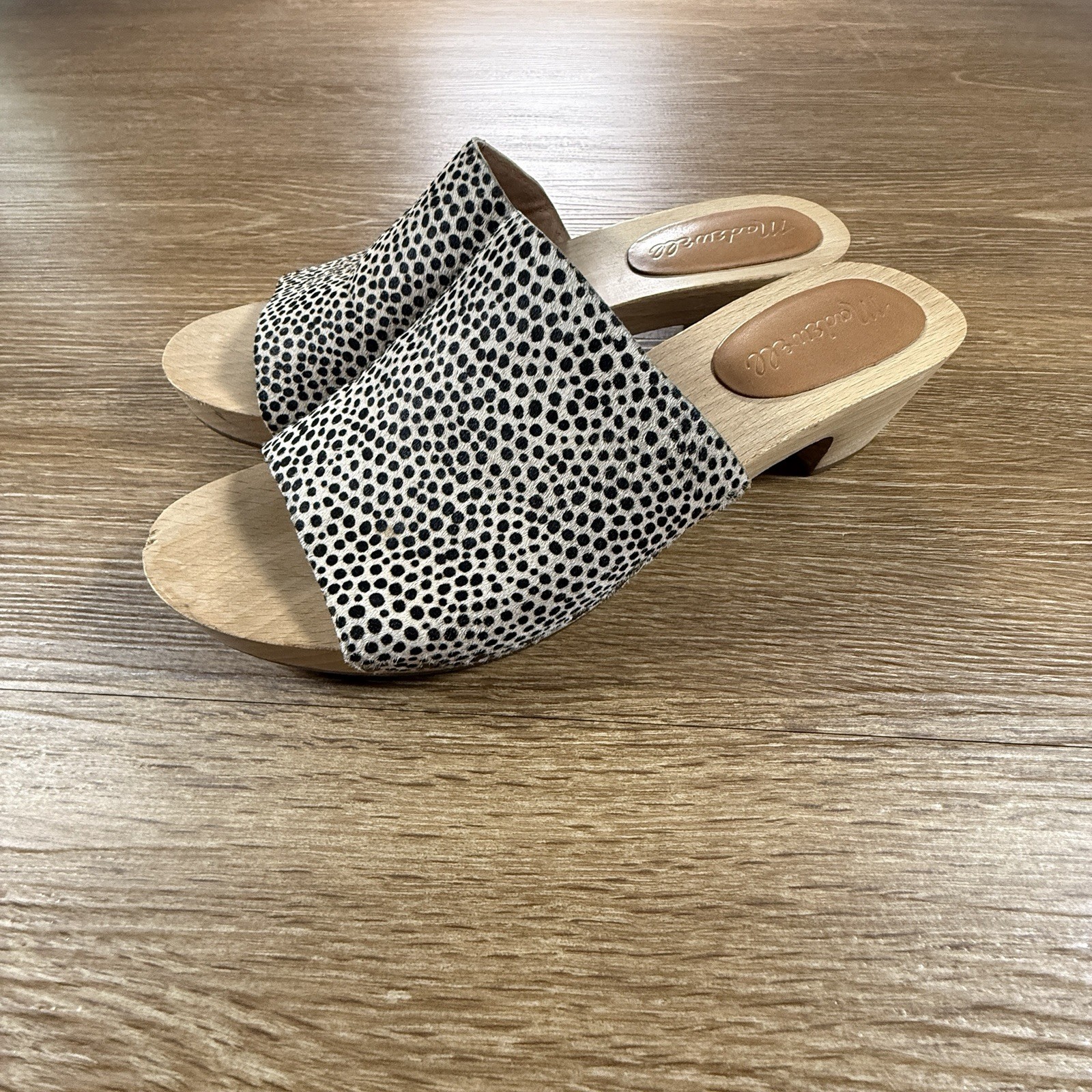 Madewell Clog Mule Sandals Womens 8 Spotted Calf Hair Wood Heel Slides Boho Chic