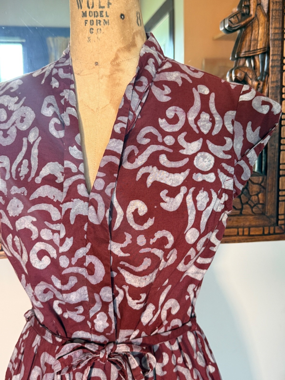 Global Mamas Cotton Burgundy/Gray Batik Dress Size M