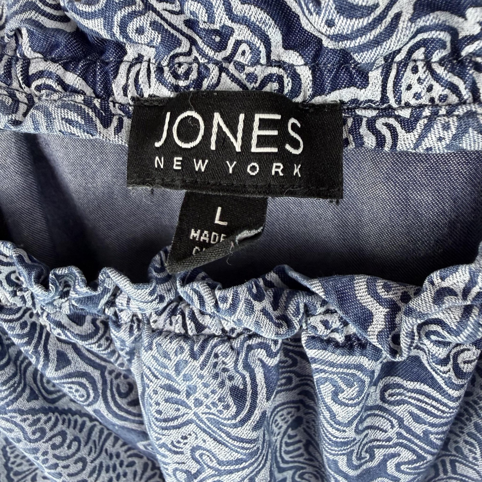 Jones New York Blouse Womens L Blue Paisley Tunic Off Shoulder 3/4 Sleeve