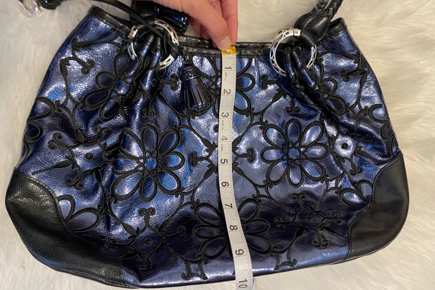 Brighton Valencia Sapphire Blue Metallic Leather Embroidered Flowers EUC