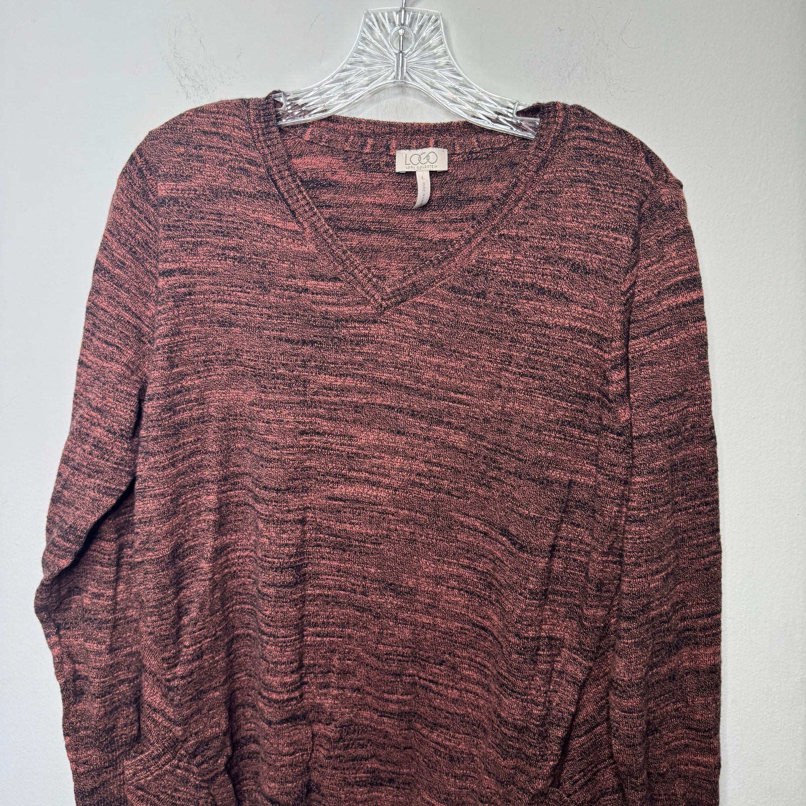 LOGO Lori Goldstein Large Orange Marled Knit V-Neck Top w/ Handkerchief Hem