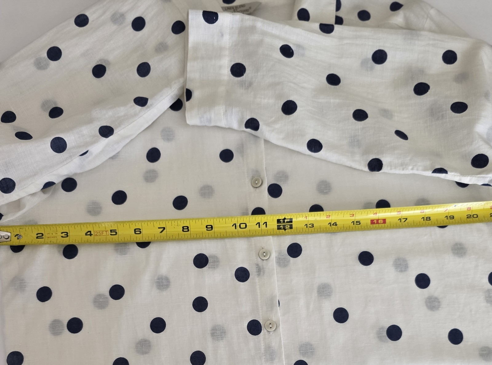 Hester & Orchard Linen Blend XL Blouse White Navy Polka Dots Long Sleeves Summer