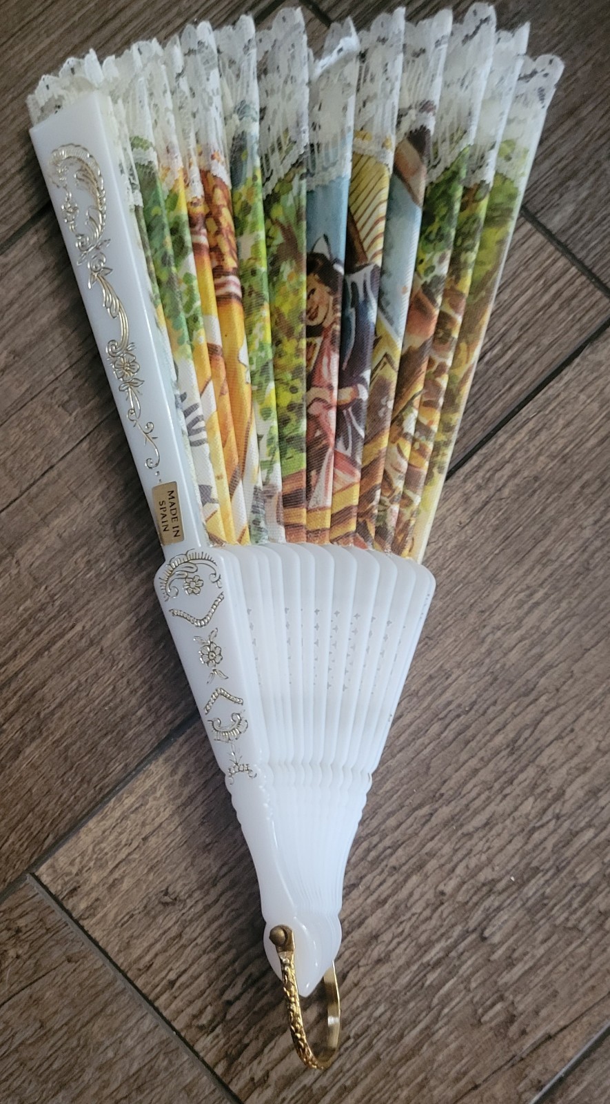 Spanish Folding Hand Fan Lace/Fabric/Plastic Fan Lovely Made In Spain Love Scene