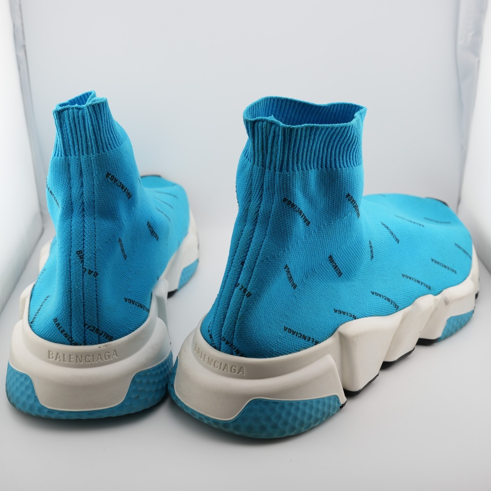 Balenciaga All Over Logo Speed Sneaker Sock Shoe Turquoise Blue US 11 Men’s