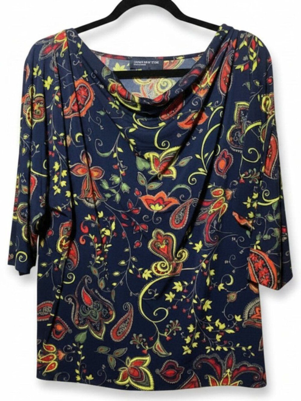 Jones New York Dolman Sleeve Cowl Neck Paisley Top XL Navy Blue Print Batwing