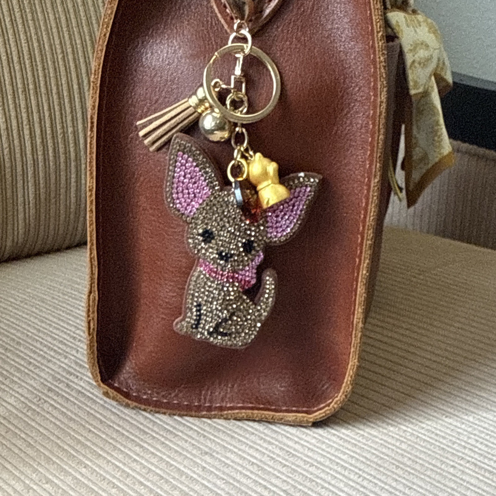 Rhinestone Dog & Maneki-neko Key Chain Bag Charm Tassel Clip 6in Gold Pink
