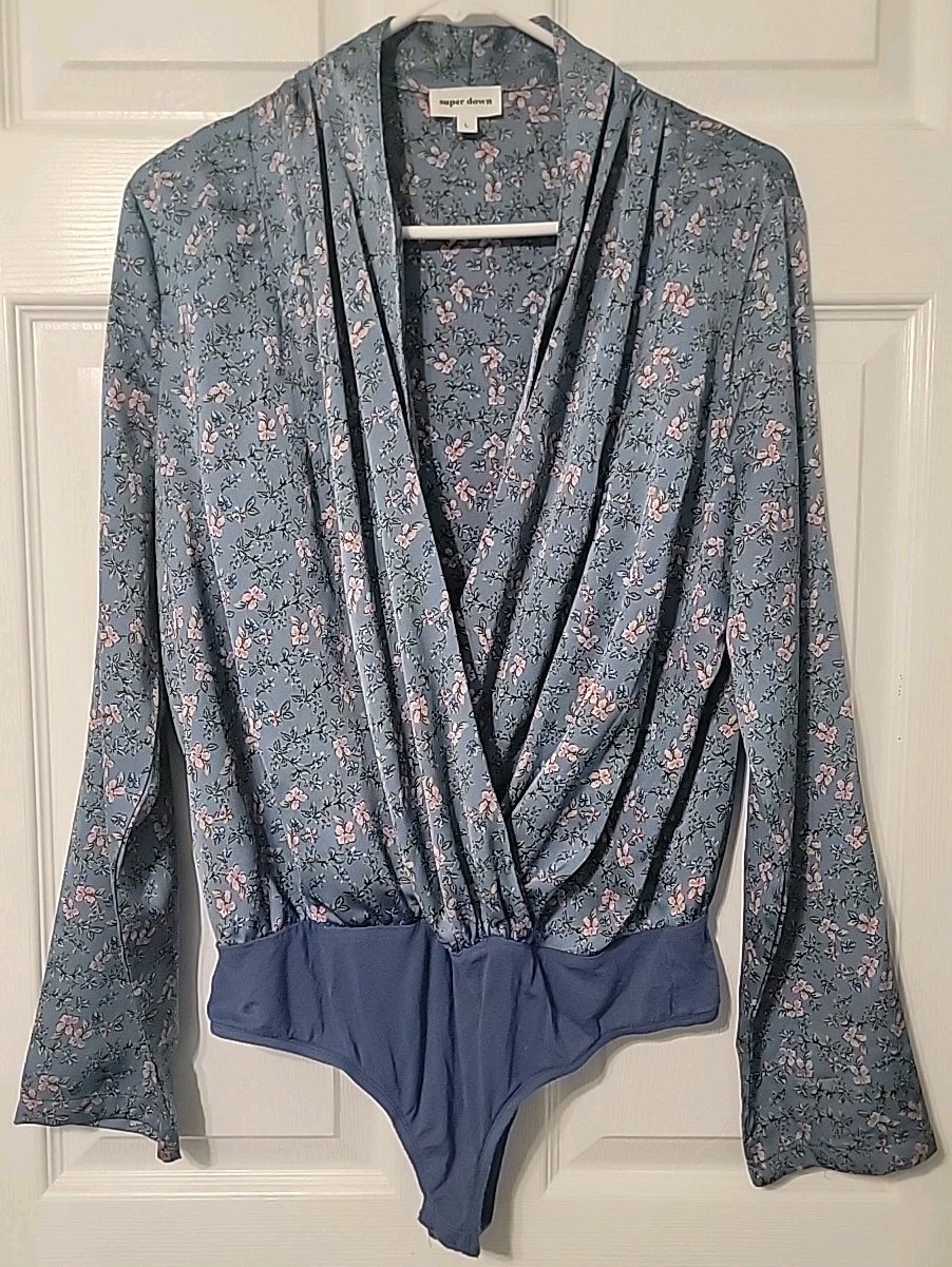 NWOT Sz L Super Down by Revolve Surplice Bodysuit, Hand Wash, Blue w Pink