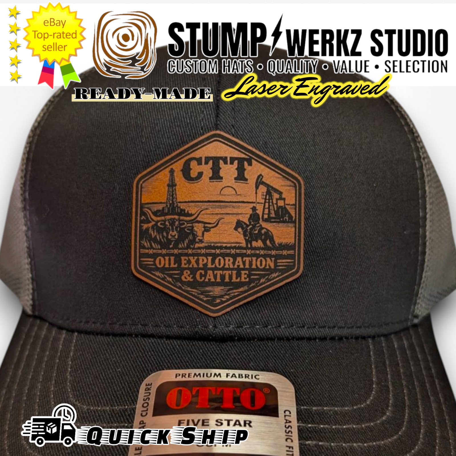 Custom Hat Trucker Baseball Cap Leather Patch CTT Oil Exploration & Cattle Texas