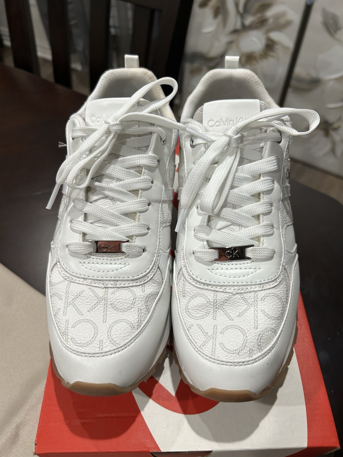 Calvin Klein Women’s White Logo Lace Up Athletic Sneakers Synthetic Rubber