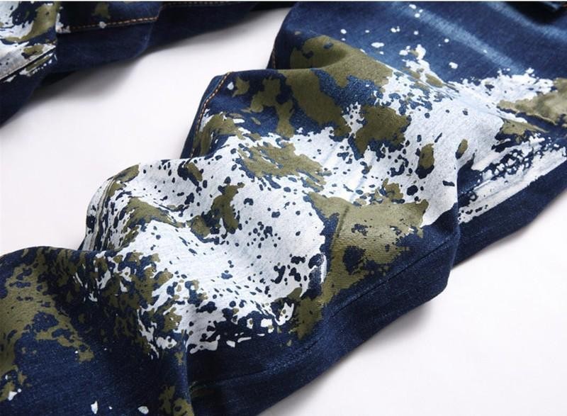 Men’s Blue Denim Jeans Printed Straight Leg Stretch Casual Punk Hip Hop Trousers