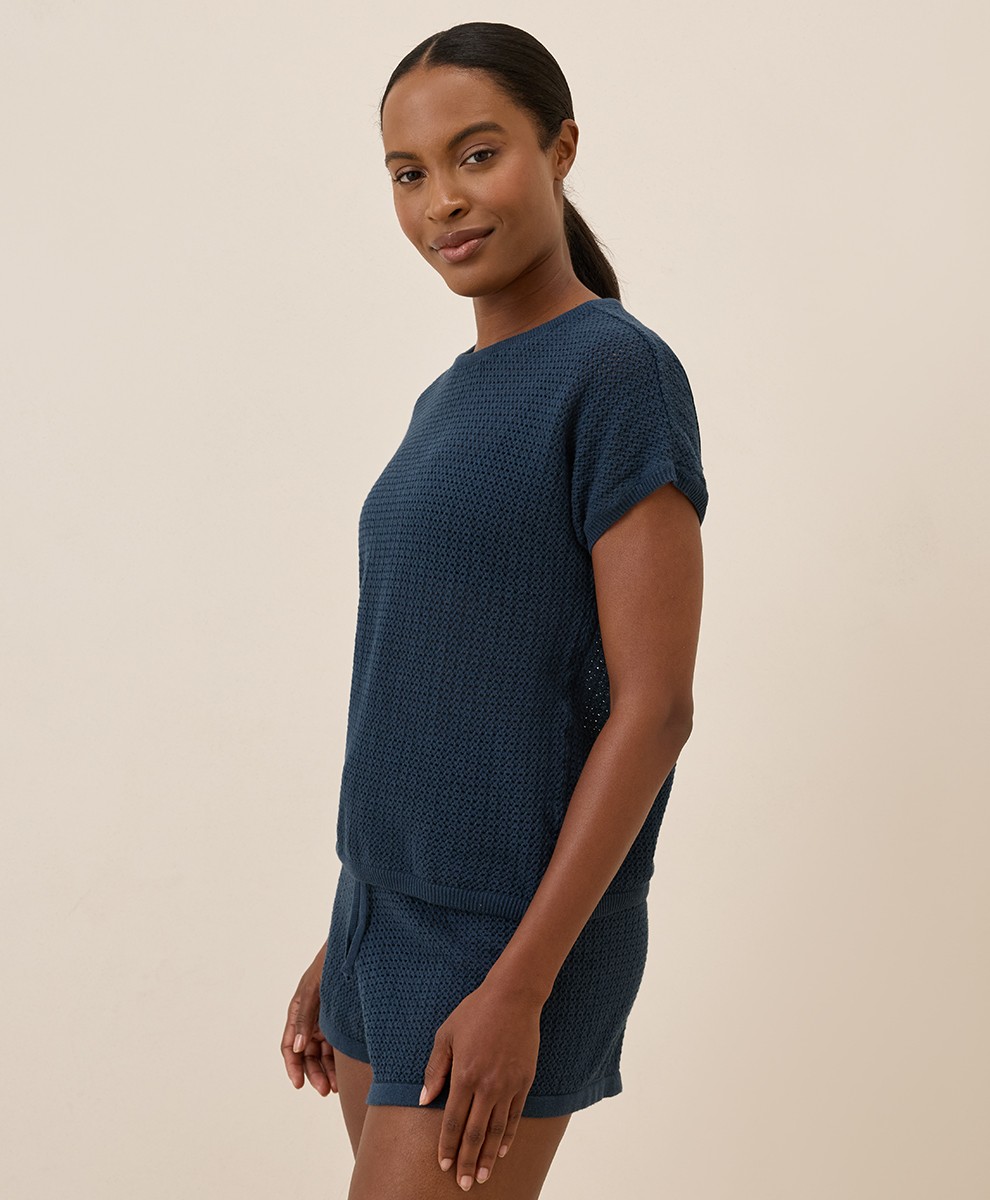 Pact Women’s Beachside Crochet Knit Short Sleeve Top Medium French Navy