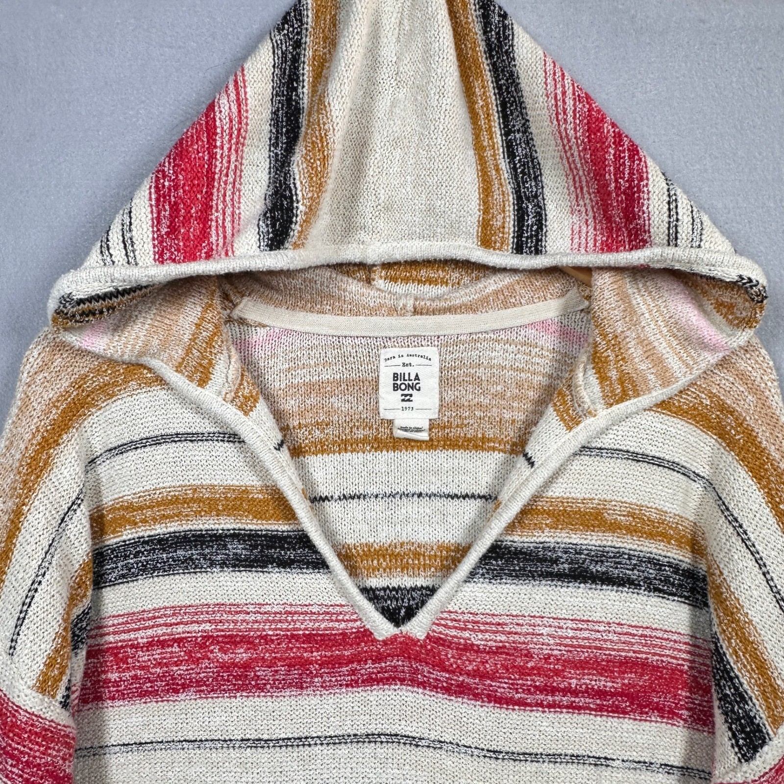 Billabong Womens Striped Knit Hoodie Sweater Multicolor V-Neck Coastal Boho L