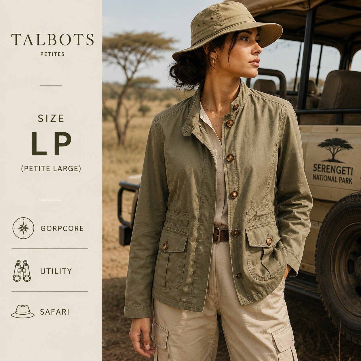 Talbots Utility Jacket Women LP Olive Green Linen Blend Military Safari Gorpcore