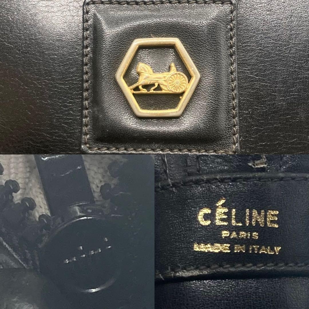 CELINE Shoulder Bag Leather Black Gold hardware Horse Carriage Condition Used