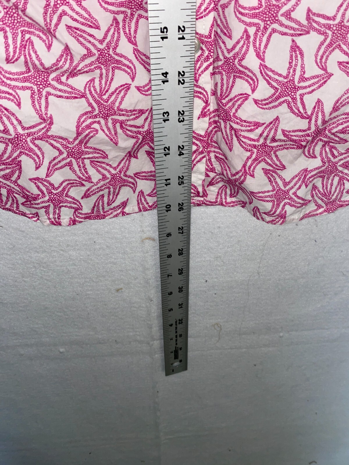 Talbots White Pink Starfish Print Roll Tab Sleeve Button Up Pocket Sz S Petite