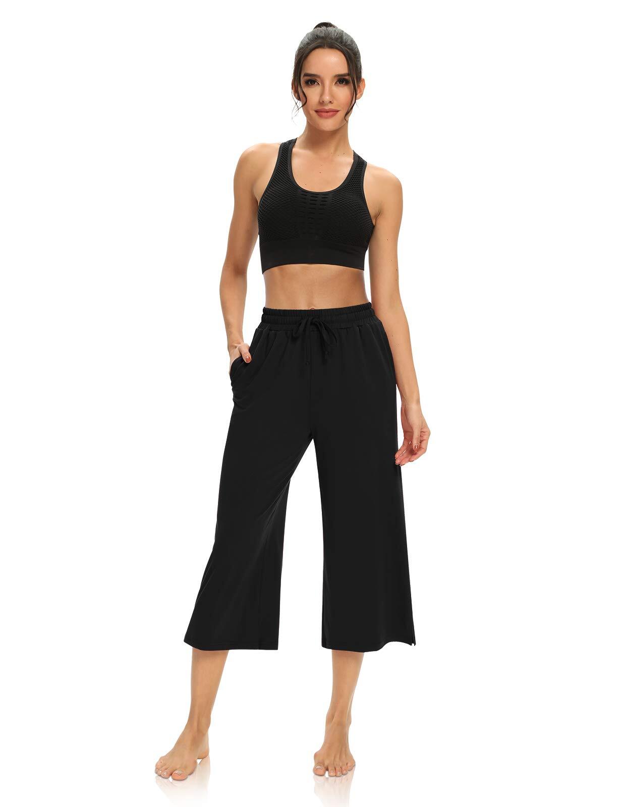 Womens Capri Pants Loose Drawstring Yoga Pants Wide Leg Comfy Lounge Black 4XL