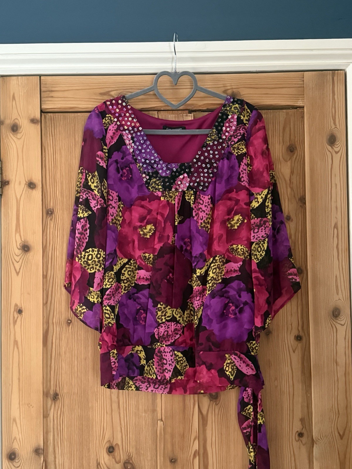 Debenhams Women’s Blouse Size 10 Purple Animal Print Chiffon Beaded y2k summer